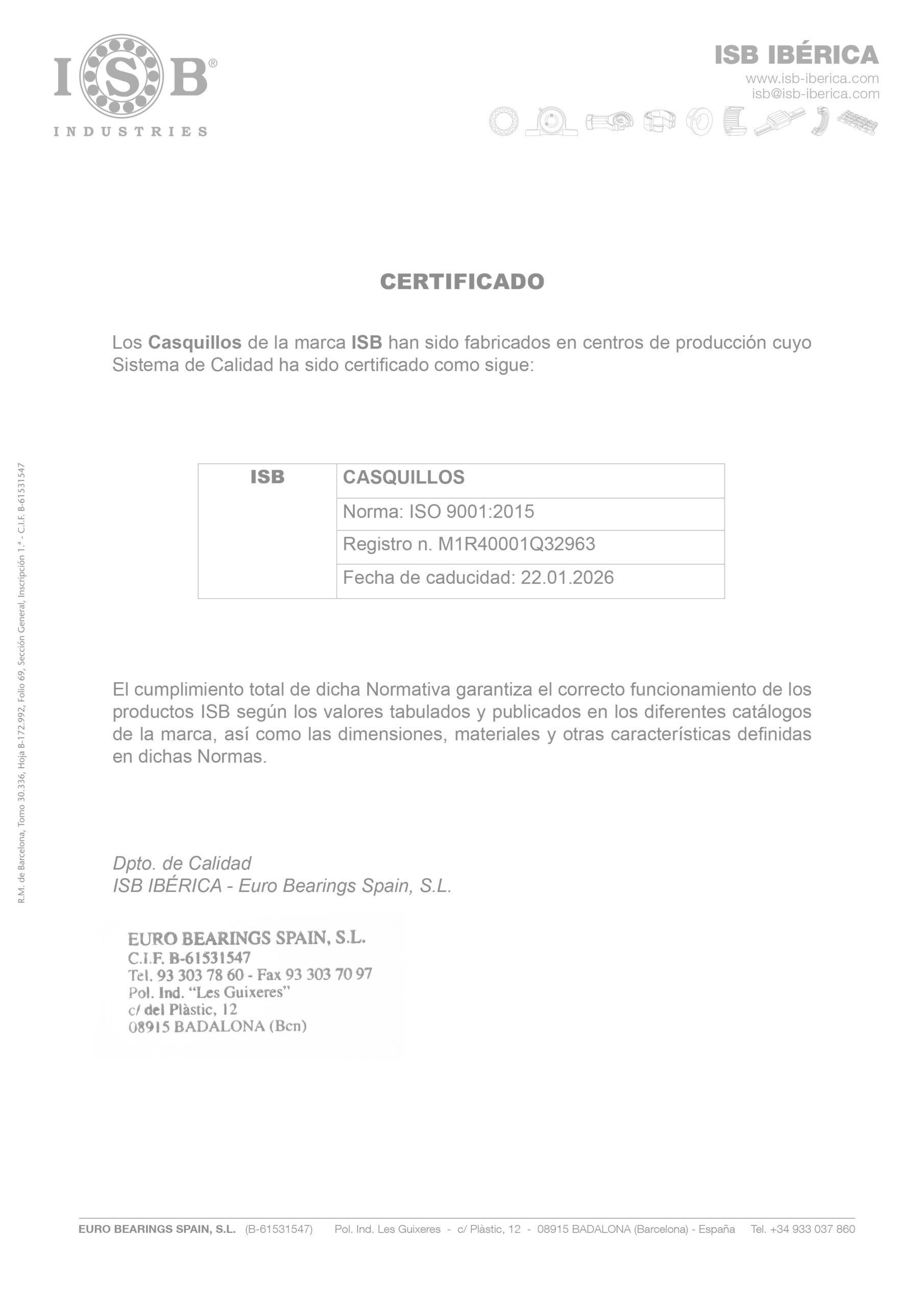 Certificado ISO Casquillos ISB - ISB IBERICA