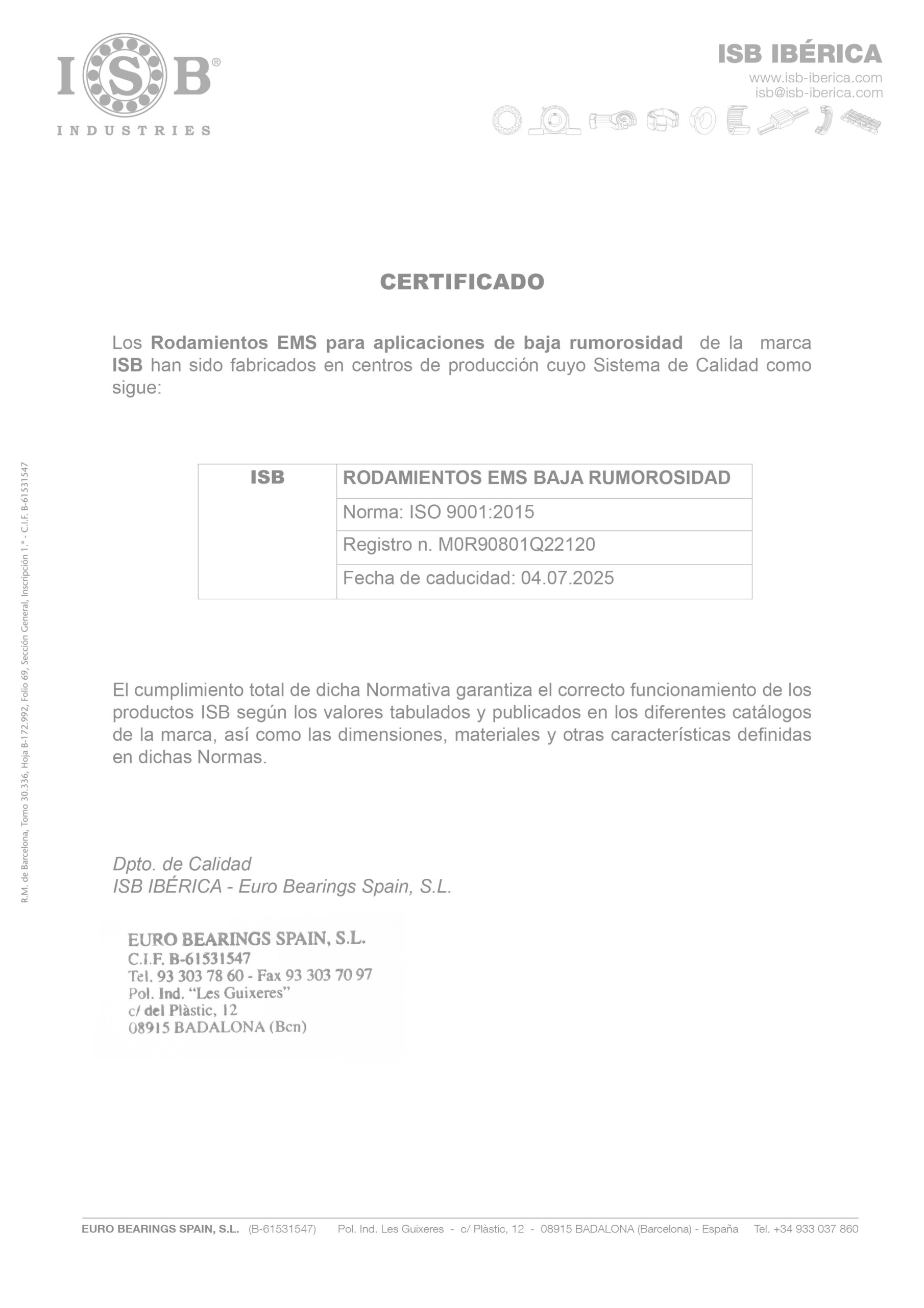 Certificado ISO Rodamientos EMS motor electrico ISB - ISB IBERICA