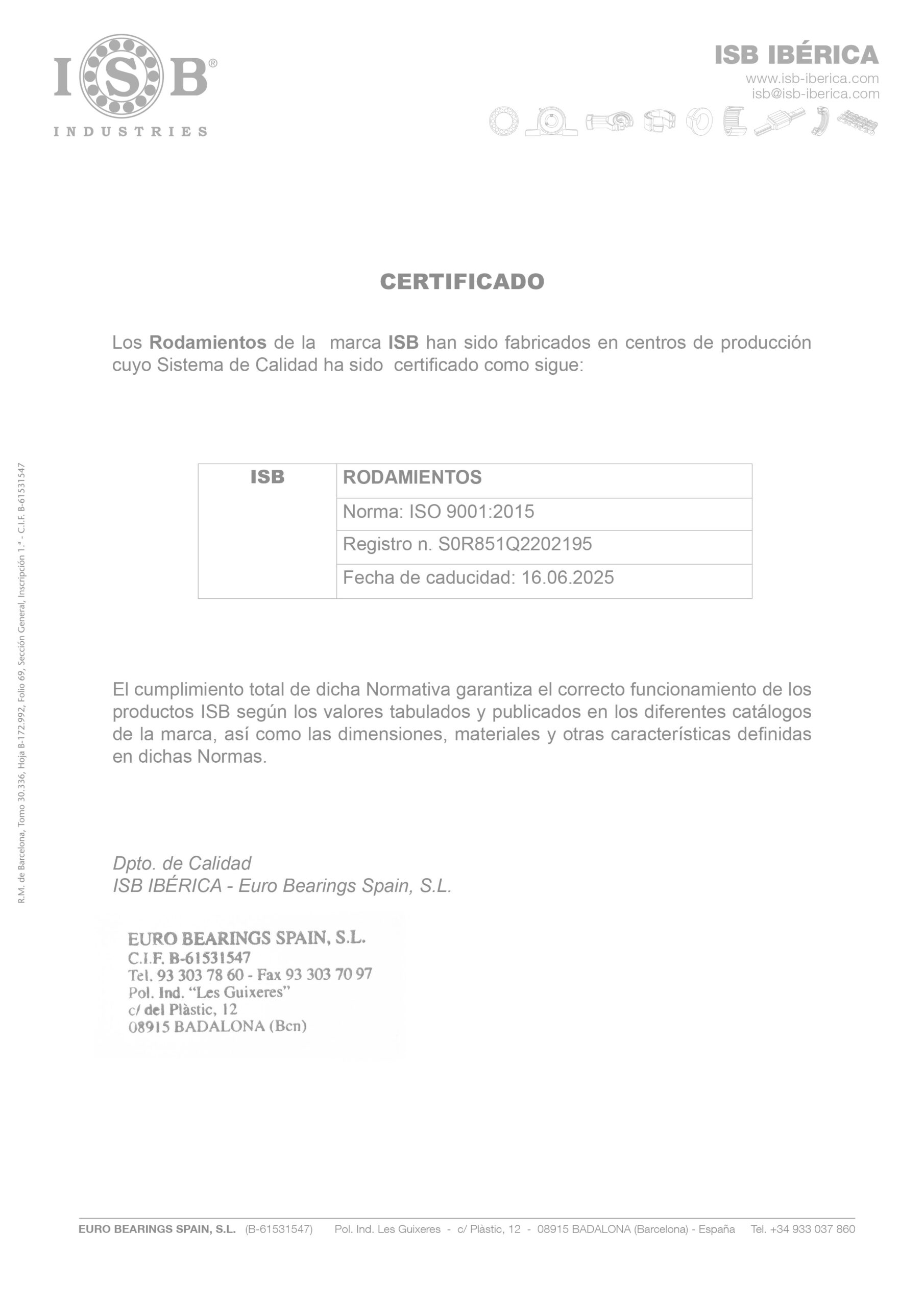 Certificado ISO Rodamientos ISB - ISB IBERICA