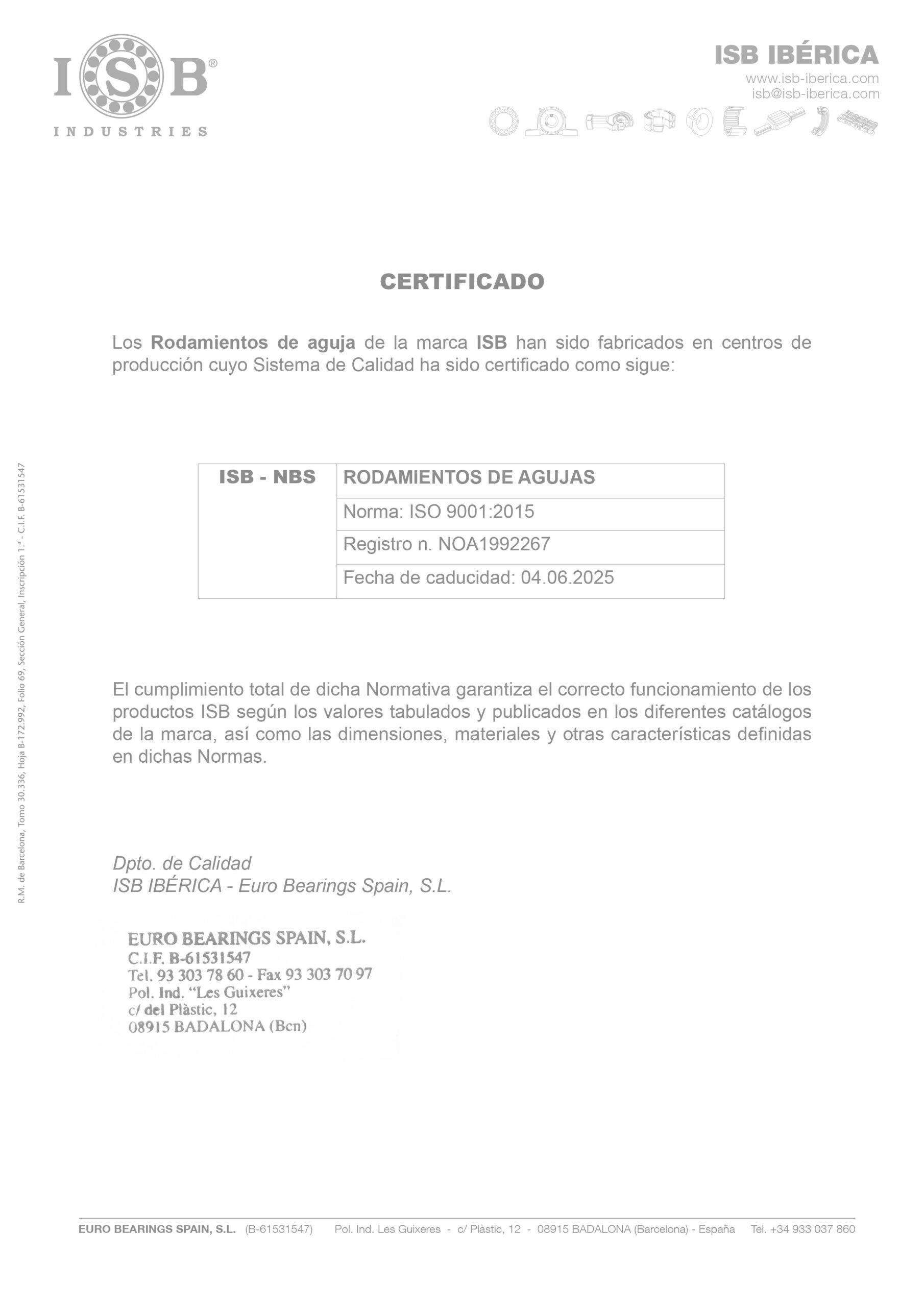 Certificado ISO Rodamientos agujas ISB - ISB IBERICA