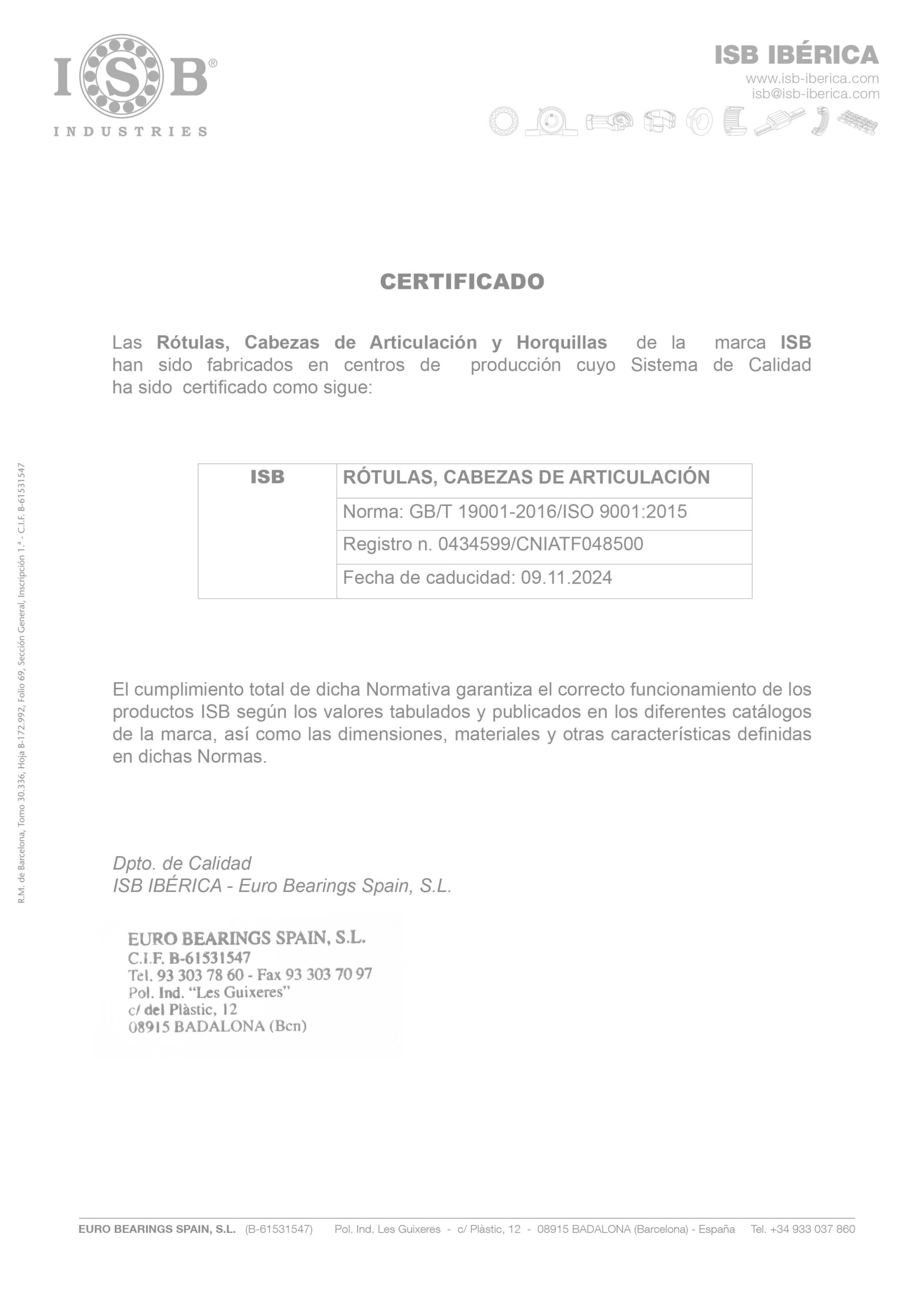 Certificado ISO Rotulas y articulaciones ISB - ISB IBERICA