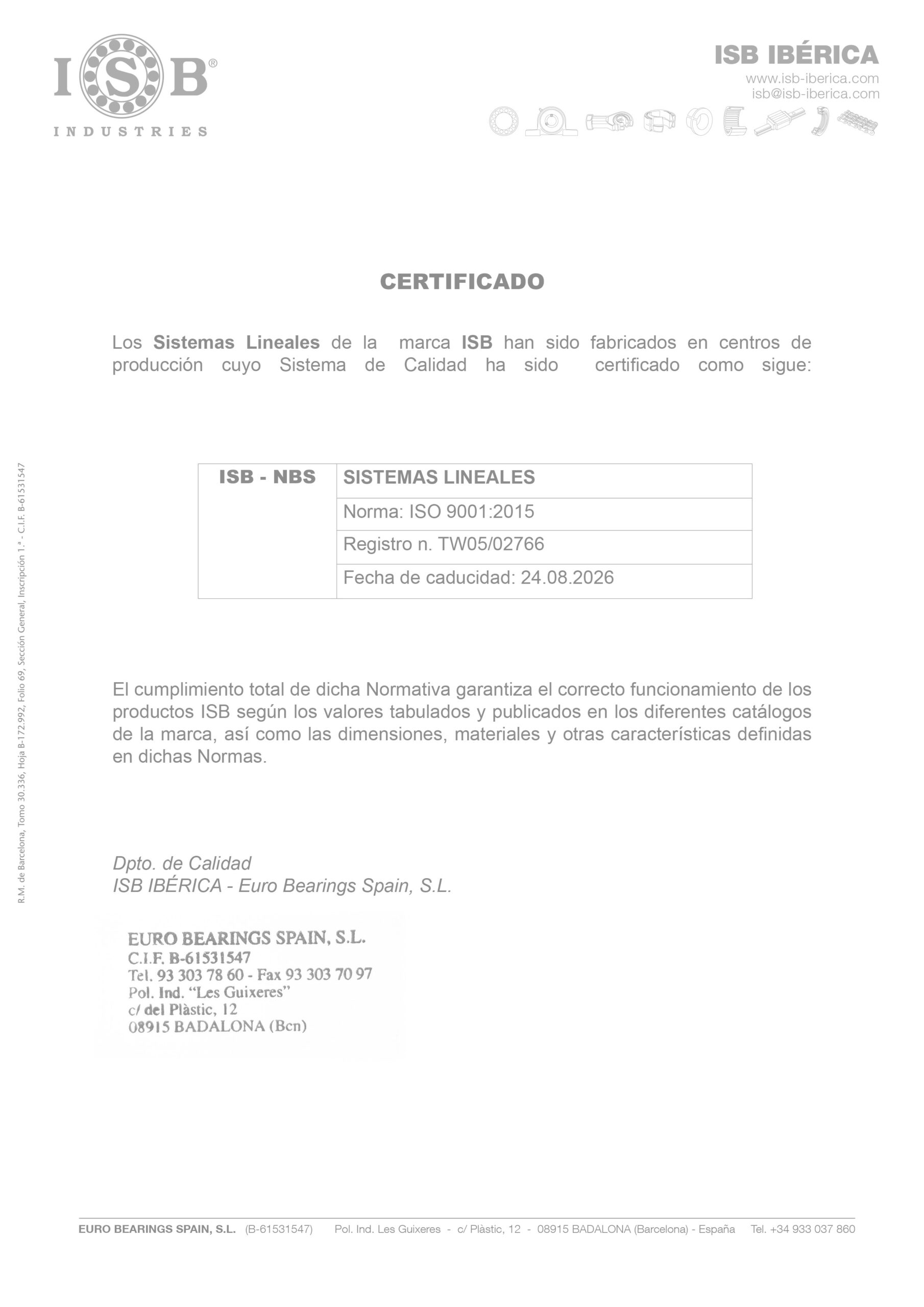 Certificado ISO Sistemas lineales ISB - ISB IBERICA