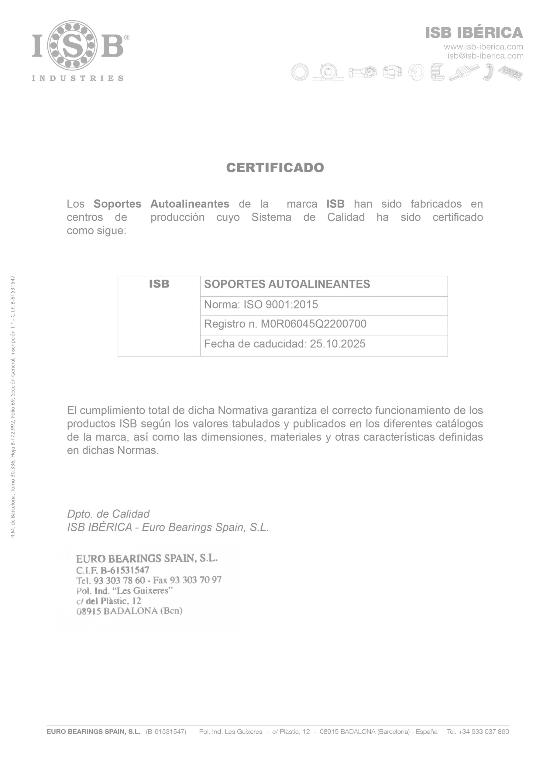 Certificado ISO Soportes ISB - ISB IBERICA