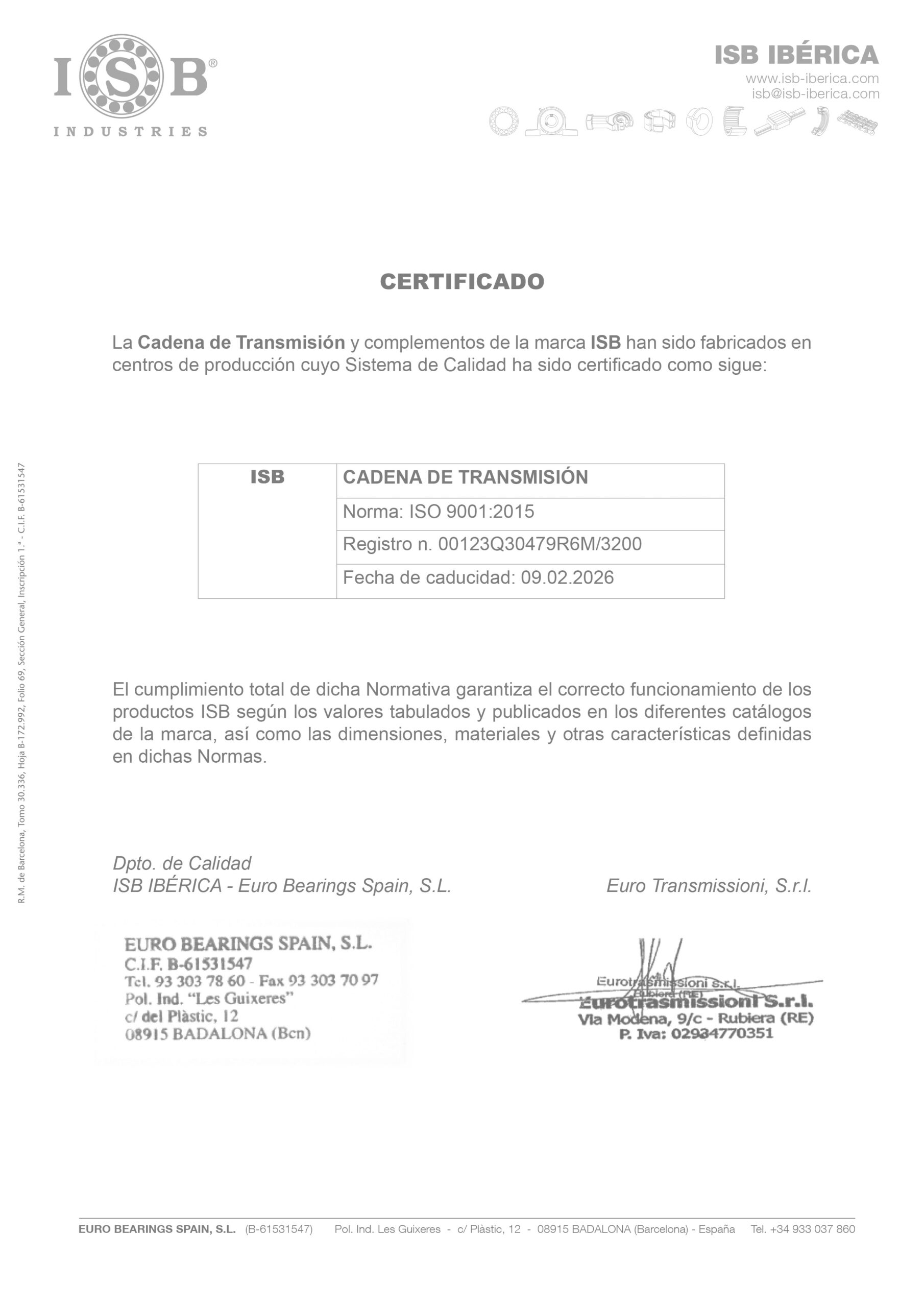 Certificado ISO Cadena de transmisión ISB - ISB IBERICA